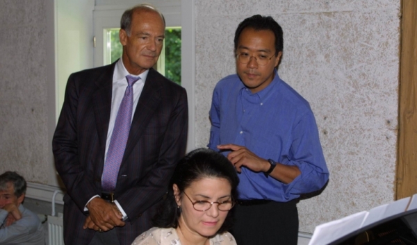 Prince Amyn Aga Khan and Yo-Yo Ma with Franghiz Ali-Zadeh (foreground), a composer from Azerbaijan, whose specially commissioned